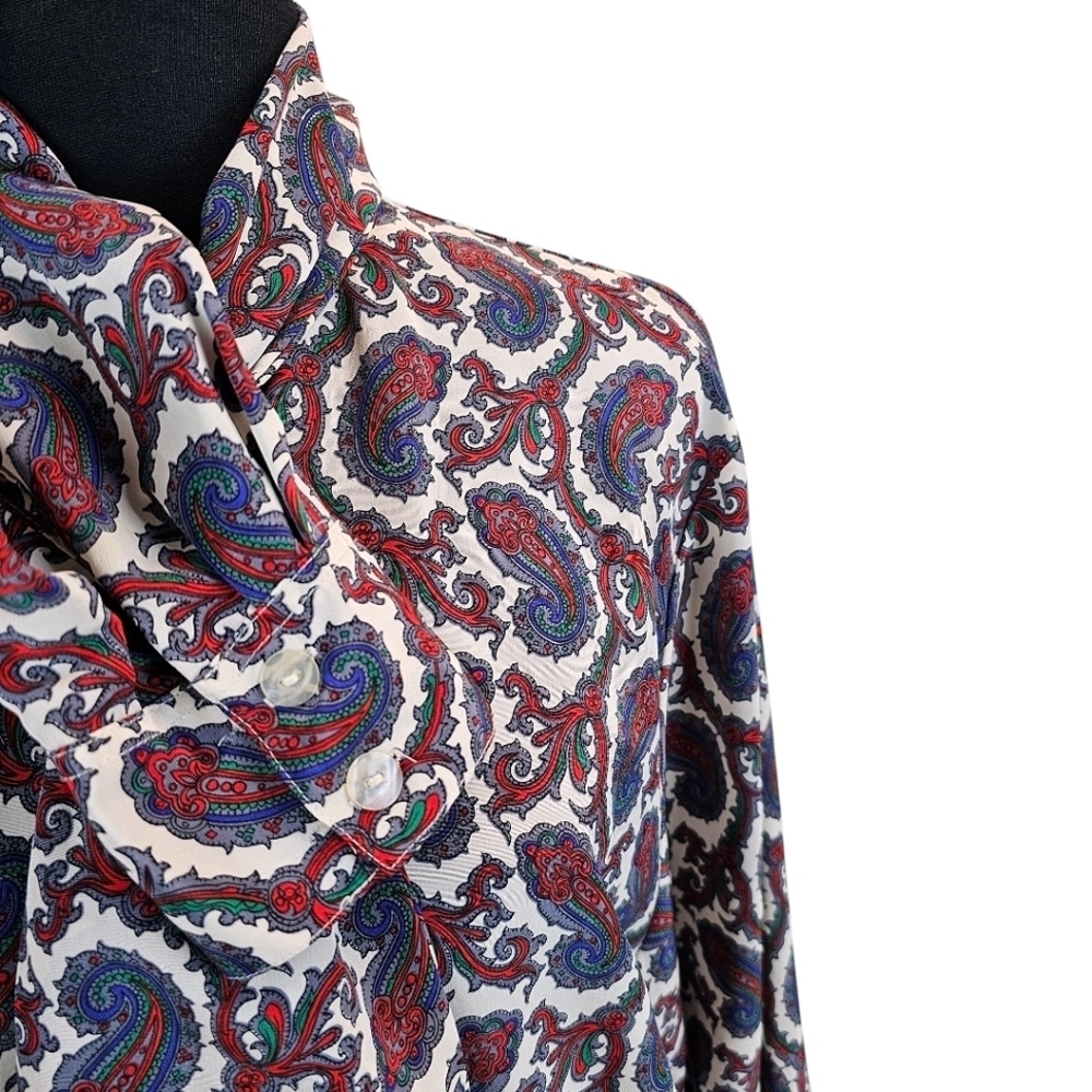Vintage 1970s Leslie Fay Paisley Bow Collar Blouse Size Medium Red White Retro - Picture 8 of 15